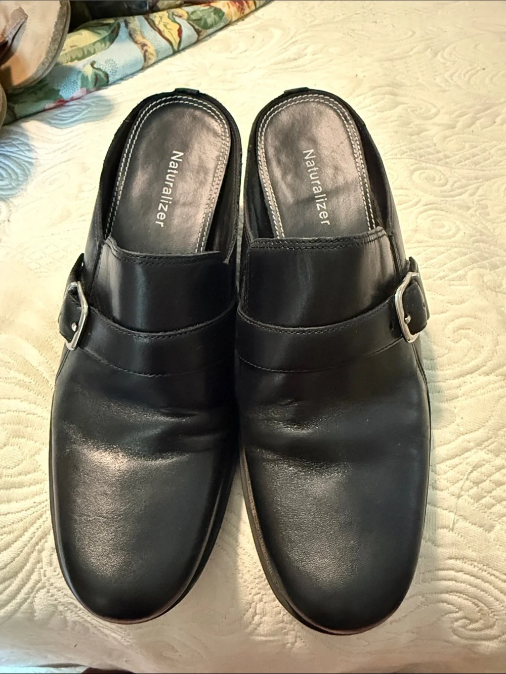 Naturalizer Black Leather Slip-On Loafers with Side Buckles